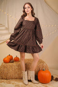 Printed Ruffle Detail Dress - Chocolate
