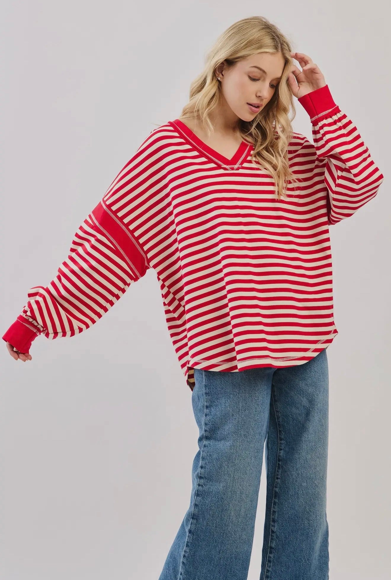 Striped Balloon Sleeve V Neck Knit Top