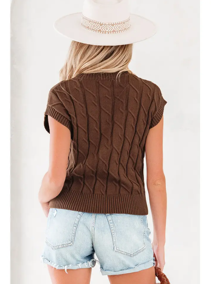 Cable Knit Textured Crew Neck Sweater - Dark Brown