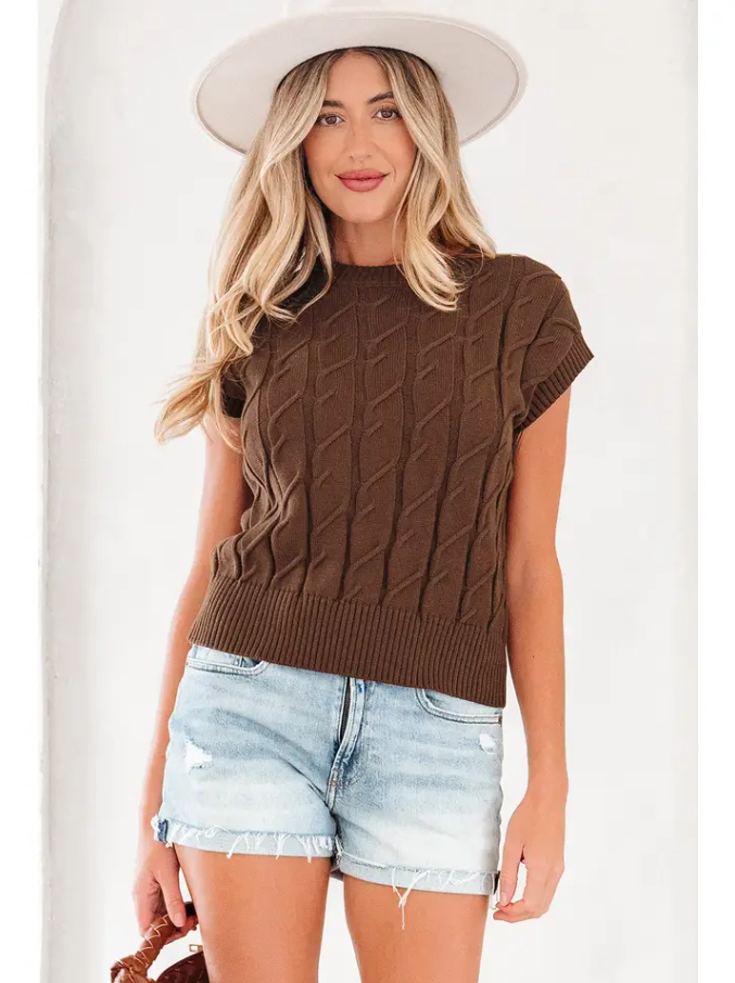 Cable Knit Textured Crew Neck Sweater - Dark Brown