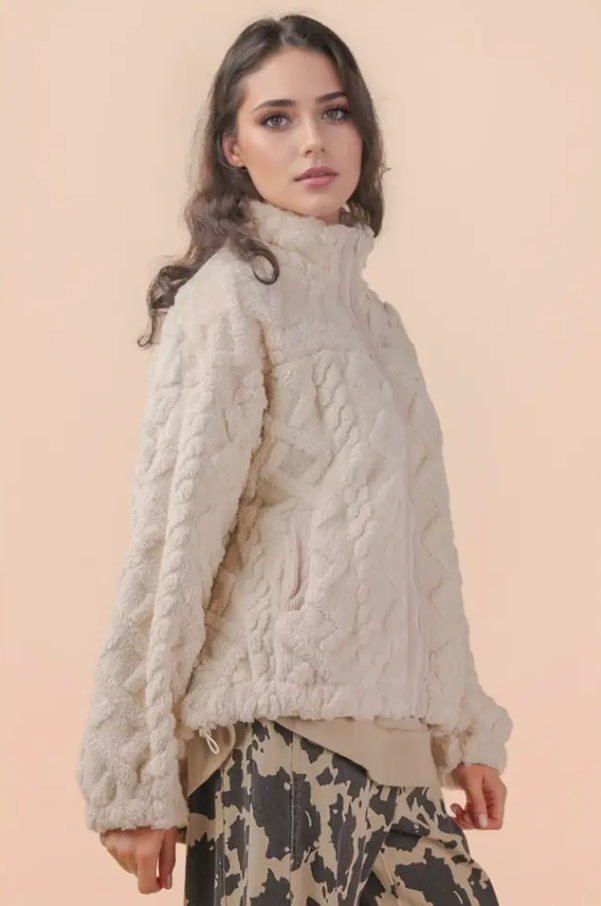 Cable Pattern Full Zip Jacket - Ecru