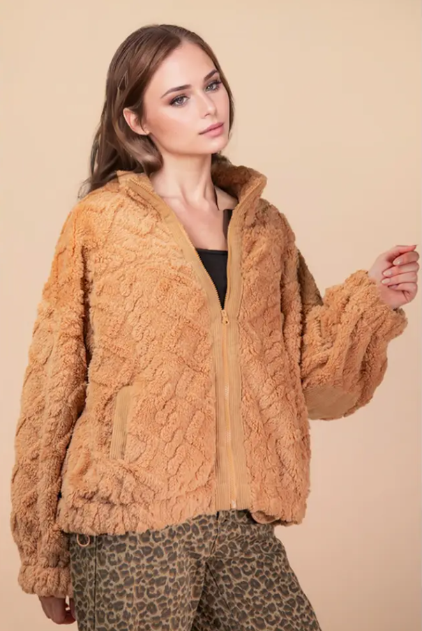 Cable Pattern Full Zip Jacket - Mocha