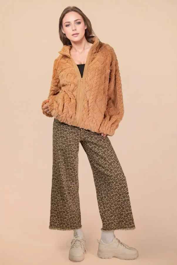 Cable Pattern Full Zip Jacket - Mocha