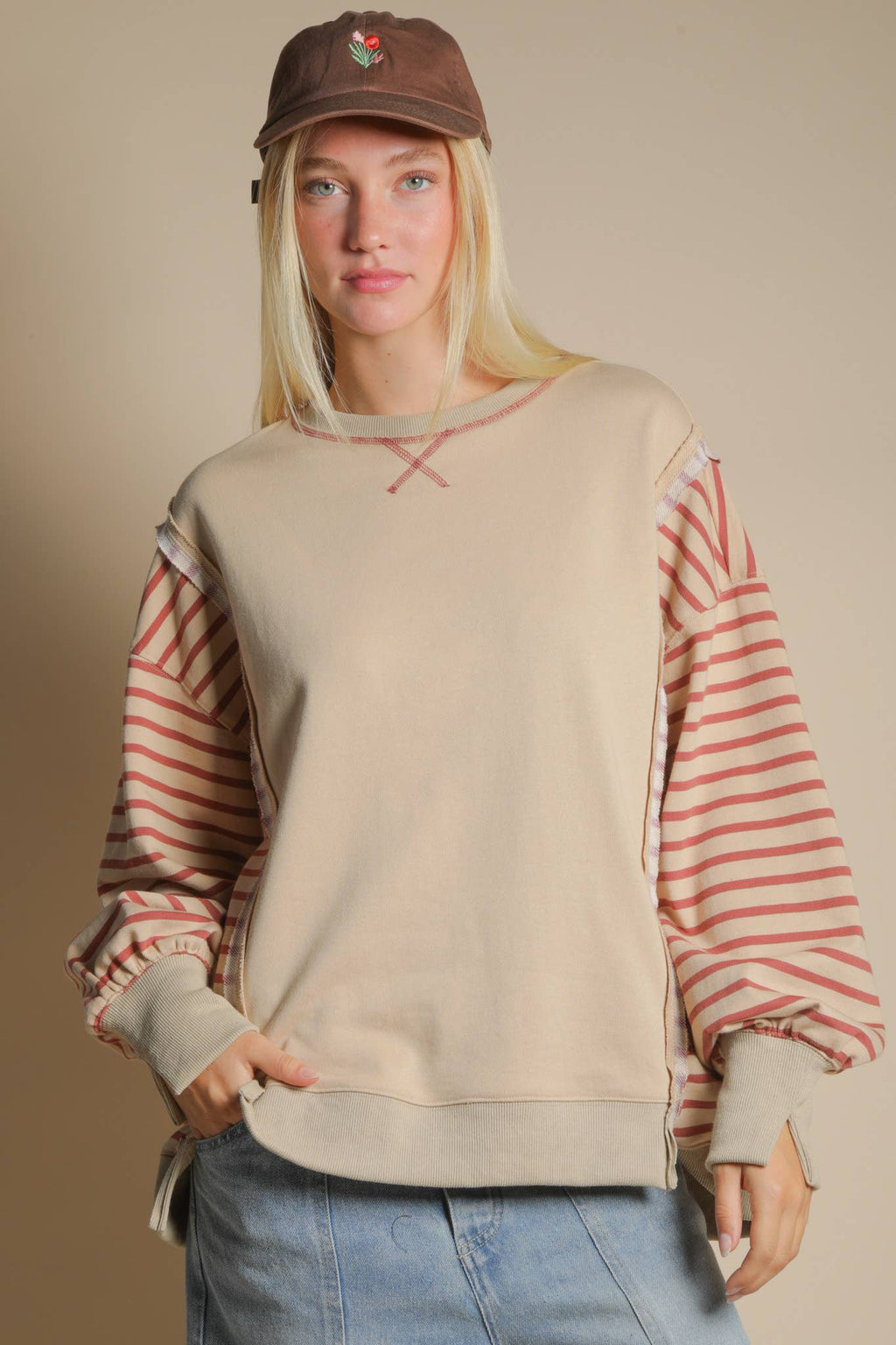 Oversized Striped Casual Sweater - Beige